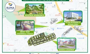 Mapa pokazuje rewitalizację Zagórza w Rumi. Znajduje się tu Wzgórze Markowca, Most nad Zagórską Strugą i Osiedle Zagórze.