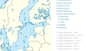 Mapa pokazuje, gdzie leży Morze Bałtyckie, z zaznaczonymi zatokami i głębiami.