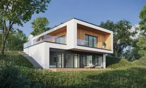 Nowoczesne domki na skarpie z przeszklonymi balkonami i tarasem, otoczone zielenią.