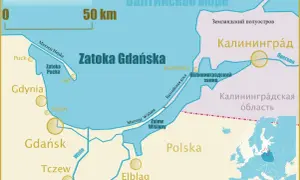 Mapa pokazuje Zatokę Gdańską, która jest częścią Morza Bałtyckiego. Widać miasta takie jak Gdynia, Sopot, Gdańsk, Tczew i Elbląg.