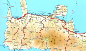 Mapa Krety z zaznaczonymi drogami, miastami i górami. Widać m.in. Chanię, Samarię i wyspę Gavdos.