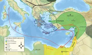 Mapa przedstawia migracje Ludów Morza w XIII-XII w. p.n.e. Ich szlak wiódł przez Morze Śródziemne, docierając do terenów, które graniczyły z Egiptem.