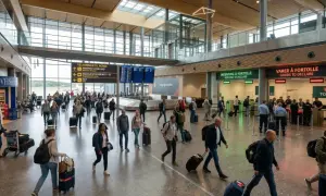 Ludzie z bagażami w hali przylotów lotniska, zastanawiają się co można zabrać do Norwegii samolotem.