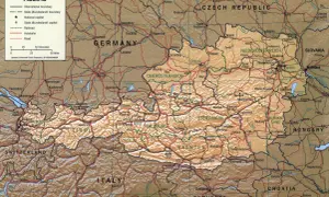 Mapa Austrii pokazuje jej położenie w Europie Środkowej. Czy Austria ma dostęp do morza? Nie, jest krajem śródlądowym, otoczonym przez Niemcy, Czechy, Słowację, Węgry, Słowenię, Włochy i Szwajcarię.