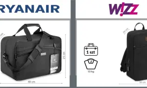 Bagaż podręczny Ryanair: 1 sztuka, wymiary 40x20x25 cm, bez limitu wagowego. Wizz Air: 1 sztuka, 10 kg, 40x30x20 cm.