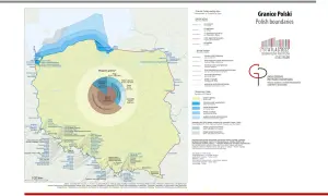 Mapa Polski z zaznaczonymi granicami. Wykres kołowy pokazuje, ile Polska ma linii brzegowej: 14,6% (524 km) to wybrzeże morskie.