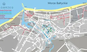 Mapa Kołobrzegu z zaznaczonymi strefami płatnego parkowania. Sprawdź, gdzie zaparkować w Kołobrzegu, aby uniknąć mandatów.