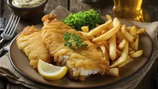 Jastrzębia Góra: gdzie zjeść? Pyszny fish and chips z frytkami i groszkiem na talerzu, idealny na wakacyjny obiad.