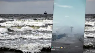 Sztormy na Bałtyku widać na zdjęciu. Fale rozbijają się o brzeg, a na horyzoncie widać statek.