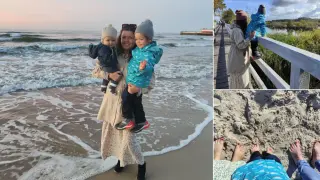 Rodzina na plaży w Kołobrzegu. Widać morze, piasek i spacer po drewnianej kładce. Jaka pogoda dzisiaj w Kołobrzegu? Słonecznie i przyjemnie.