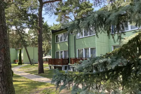 Zielony ośrodek wypoczynkowy przy wydmach, otoczony sosnami. Ścieżka prowadzi do budynków z drewnianymi tarasami.