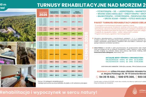 Turnusy rehabilitacyjne nad morzem prywatnie w Leśnej Polanie. Cennik 2026, pakiety, zabiegi, pokoje i rezerwacja.