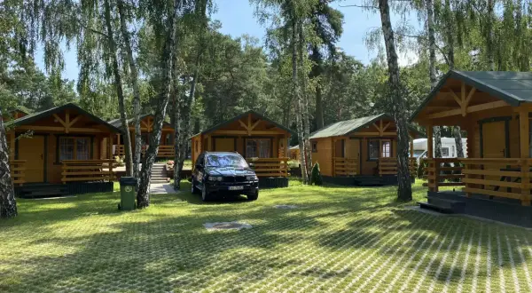 Urokliwe domki nad morzem w Gdańsku, otoczone zielenią i drzewami. Idealne miejsce na wakacyjny wypoczynek.