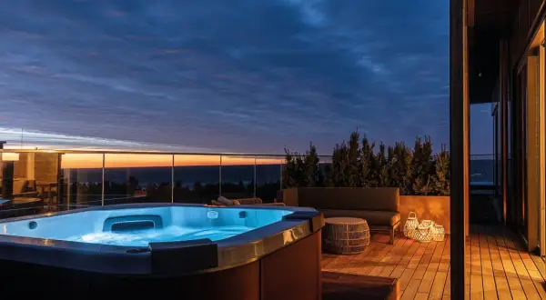 Luksusowe apartamenty nad Bałtykiem z podgrzewanym jacuzzi na tarasie. Zachód słońca nad morzem tworzy magiczną atmosferę.