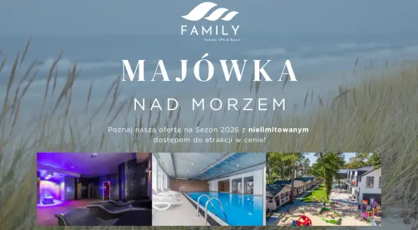 Dziwnówek noclegi blisko morza: Family Holiday SPA & Resort zaprasza na Majówkę 2026. Relaks w spa, basen i domki blisko plaży.