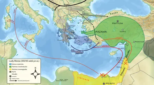 Mapa przedstawia migracje Ludów Morza w XIII-XII w. p.n.e. Ich szlak wiódł przez Morze Śródziemne, docierając do terenów, które graniczyły z Egiptem.
