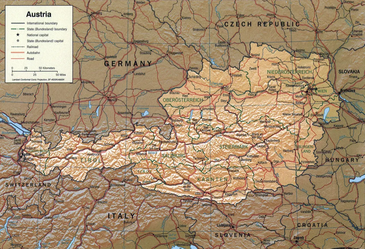 Mapa Austrii pokazuje jej położenie w Europie Środkowej. Czy Austria ma dostęp do morza? Nie, jest krajem śródlądowym, otoczonym przez Niemcy, Czechy, Słowację, Węgry, Słowenię, Włochy i Szwajcarię.