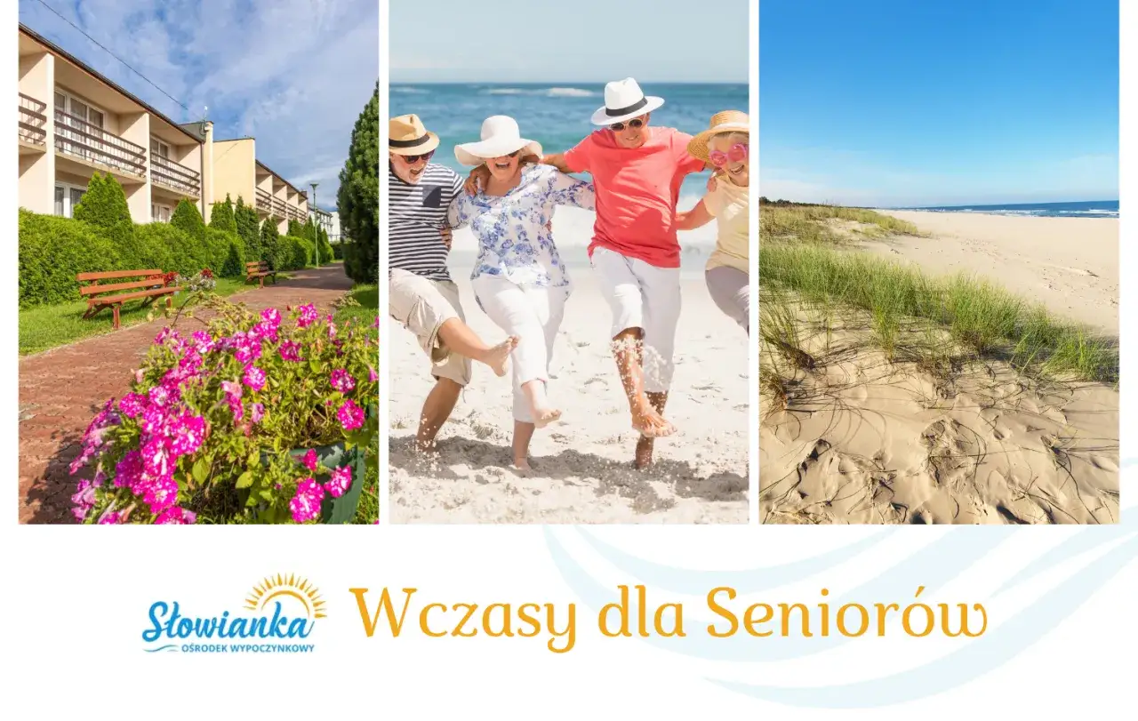 Ośrodek wczasowy Słowianka zaprasza na wczasy dla seniorów. Radosna para na plaży i malownicze krajobrazy.