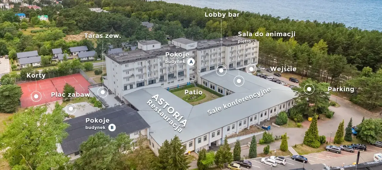 Pokoje Jastrzębia Góra: hotel Astoria z kortami, placem zabaw, restauracją, salami konferencyjnymi i parkingiem.