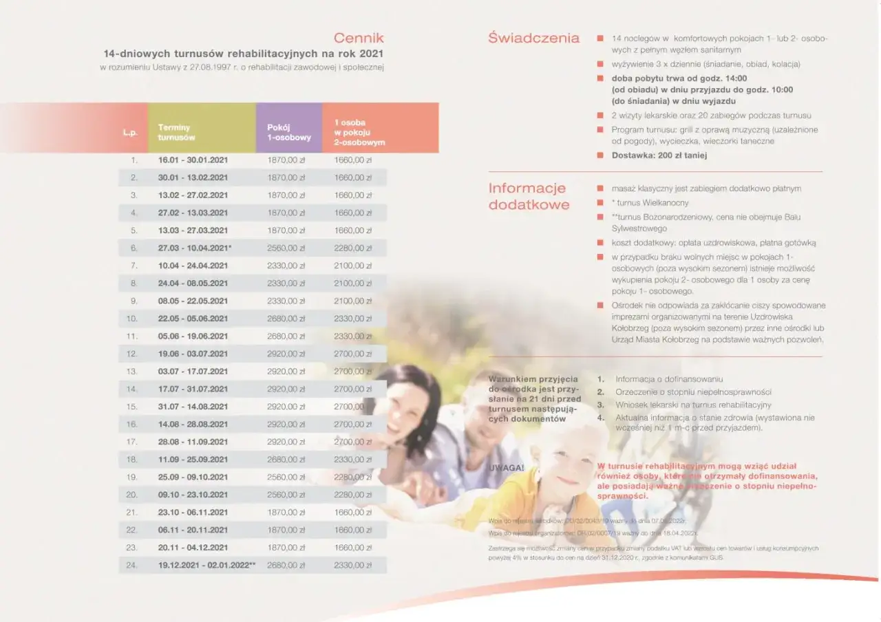 Cennik turnusów rehabilitacyjnych nad morzem prywatnie. Oferta obejmuje 14-dniowe pobyty z wyżywieniem i zabiegami.