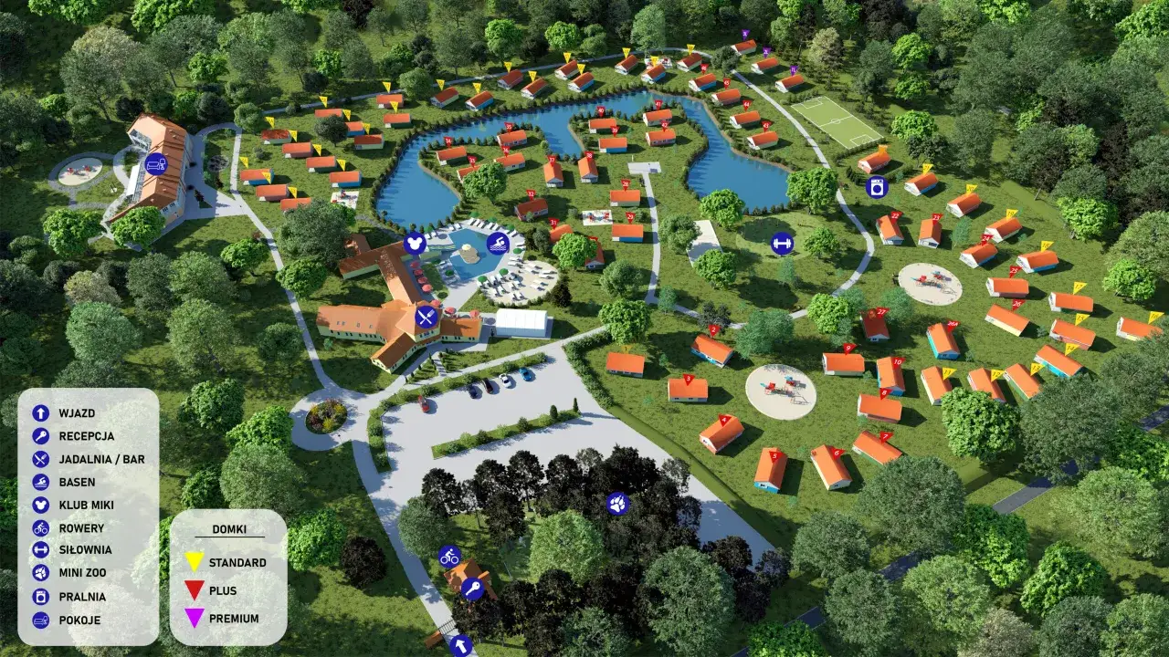 Plan ośrodka wypoczynkowego z domkami, basenem i jeziorem. Idealne kempingi nad morzem dla rodzin z dziećmi.