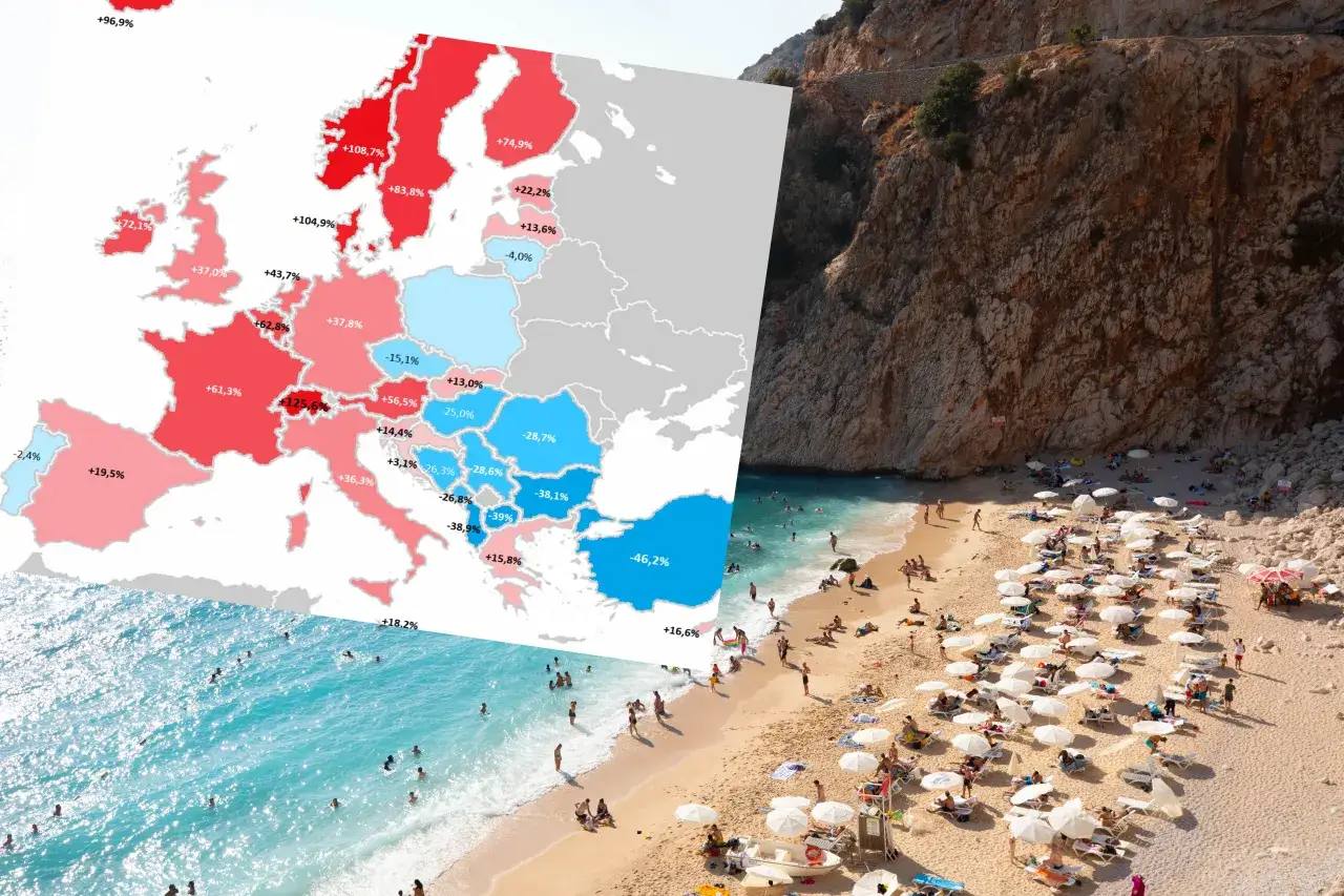 Mapa Europy z zaznaczonymi wzrostami cen, obok plaża z turystami. Gdzie najtaniej na wakacje?