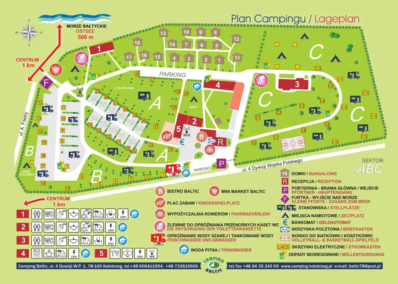 Plan kempingu nad morzem. Mapa pokazuje rozmieszczenie domków, miejsc namiotowych, parkingów, sanitariatów i innych udogodnień.