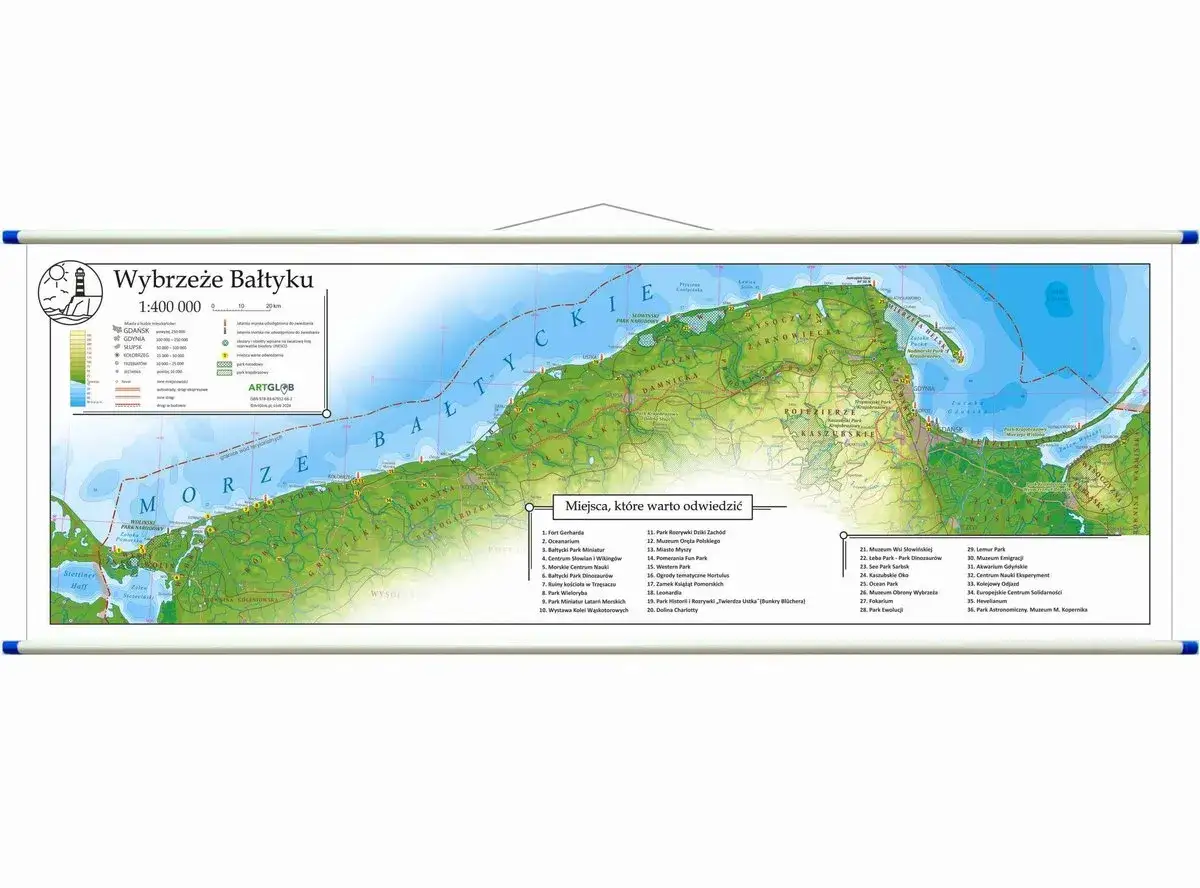 Mapa Wybrzeża Bałtyku pokazuje, gdzie leży morze bałtyckie, z zaznaczonymi atrakcjami turystycznymi i miejscowościami.