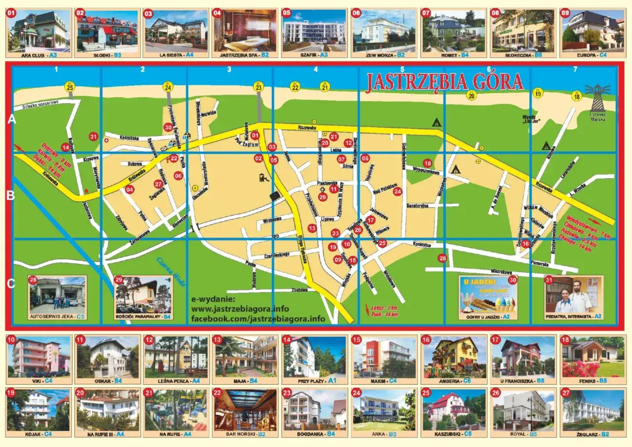 Mapa Jastrzębiej Góry z zaznaczonymi obiektami noclegowymi i atrakcjami. Znajdź pokoje Jastrzębia Góra.