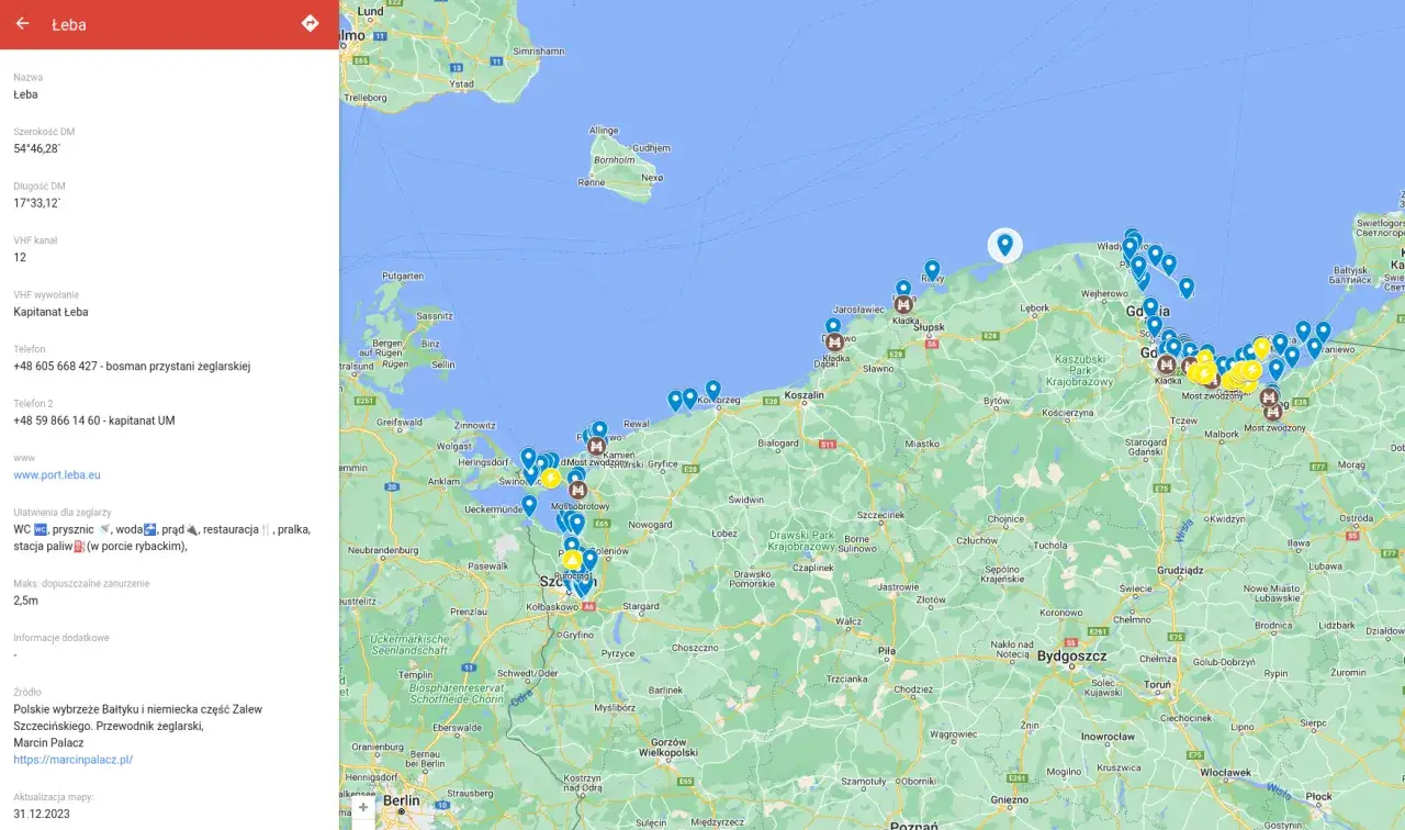 Mapa pokazuje, gdzie leży Morze Bałtyckie, z zaznaczonymi portami i miastami na wybrzeżu Polski i Niemiec.