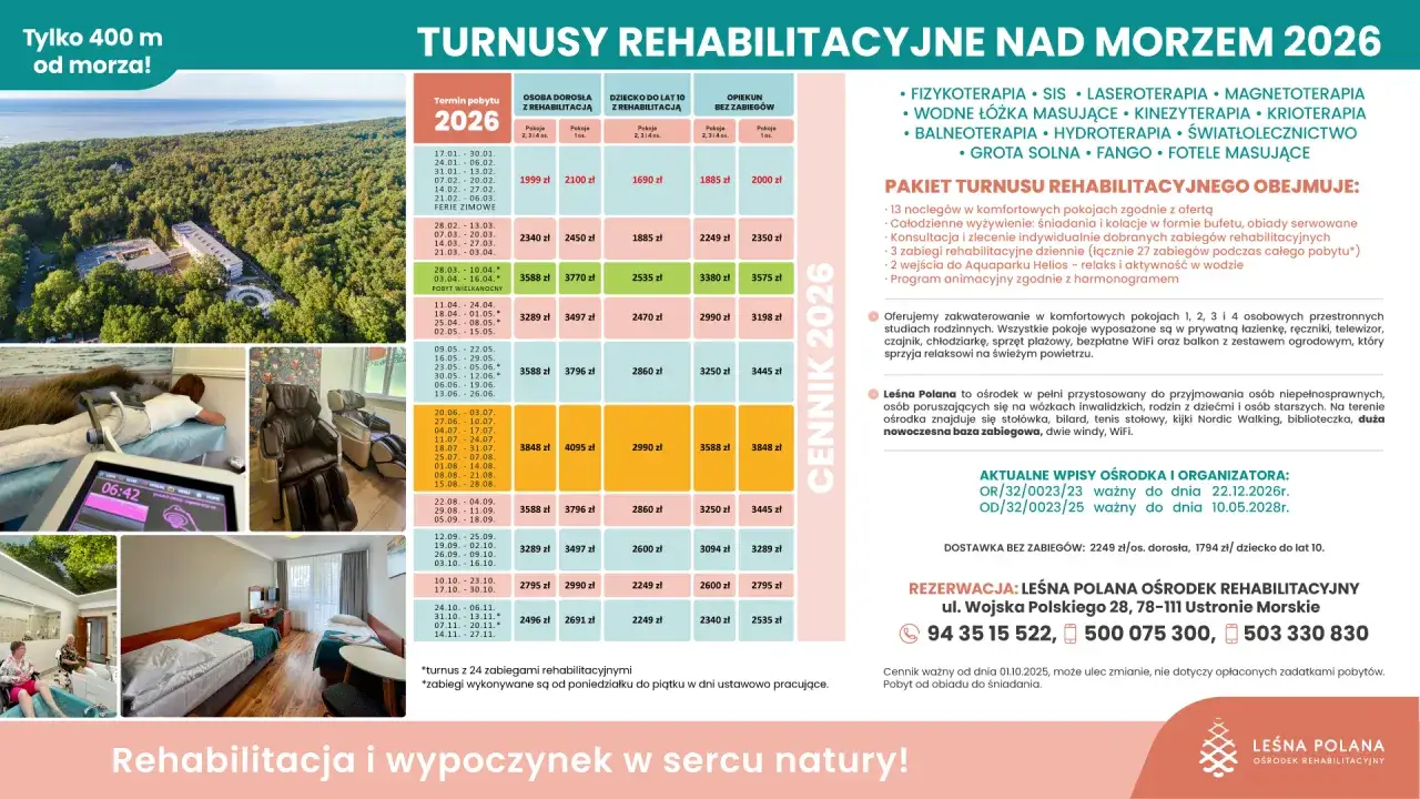 Turnusy rehabilitacyjne nad morzem prywatnie w Leśnej Polanie. Cennik 2026, pakiety, zabiegi, pokoje i rezerwacja.