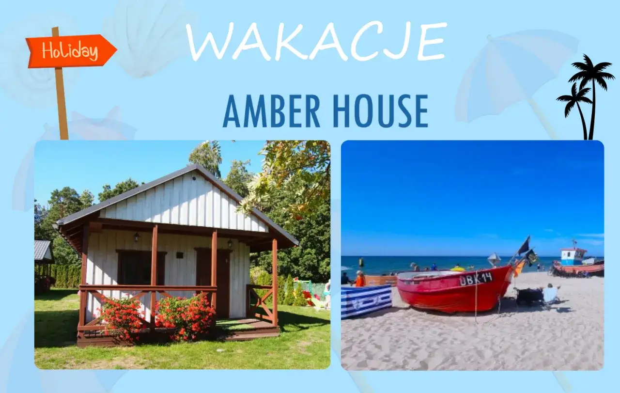 Domki letniskowe Amber House: uroczy domek na zielonej działce i czerwona łódź na plaży. Idealne miejsce na wakacje.