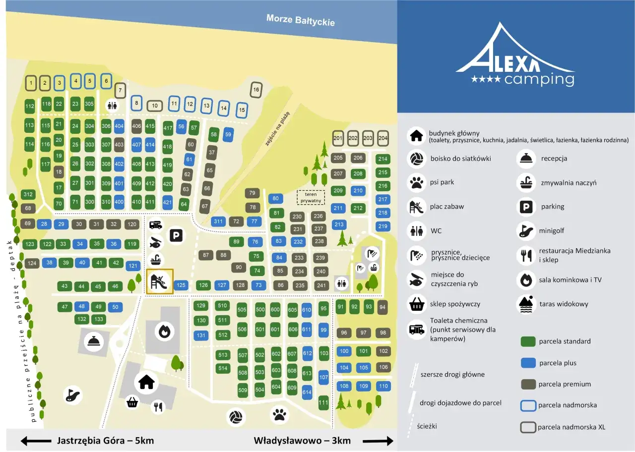 Mapa kempingów nad morzem z podziałem na parcele standard, plus, premium i nadmorskie. Widoczne atrakcje: plac zabaw, minigolf, restauracja.