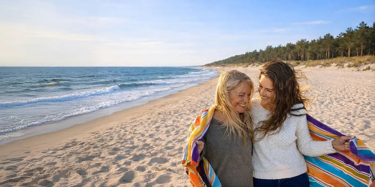 Dwie kobiety cieszą się spacerem po plaży w Łebie. Idealne łeba noclegi z wyżywieniem czekają na Ciebie!