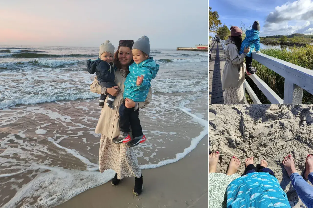 Rodzina na plaży w Kołobrzegu. Widać morze, piasek i spacer po drewnianej kładce. Jaka pogoda dzisiaj w Kołobrzegu? Słonecznie i przyjemnie.