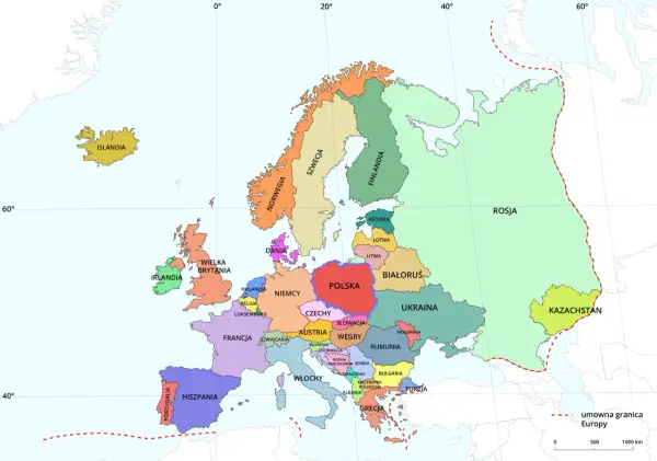 Mapa Europy z zaznaczoną Polską. Gdzie leży Chorwacja? Między Włochami a Węgrami, na południe od Słowenii.
