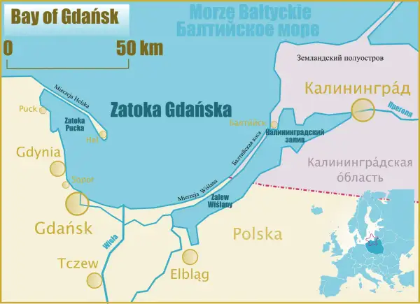 Mapa pokazuje Zatokę Gdańską, która jest częścią Morza Bałtyckiego. Widać miasta takie jak Gdynia, Sopot, Gdańsk, Tczew i Elbląg.