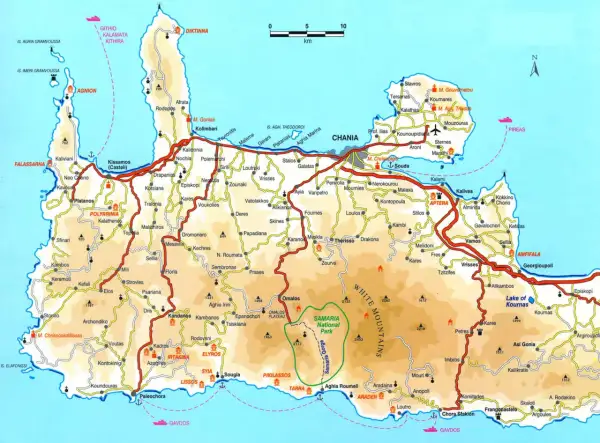 Mapa Krety z zaznaczonymi drogami, miastami i górami. Widać m.in. Chanię, Samarię i wyspę Gavdos.