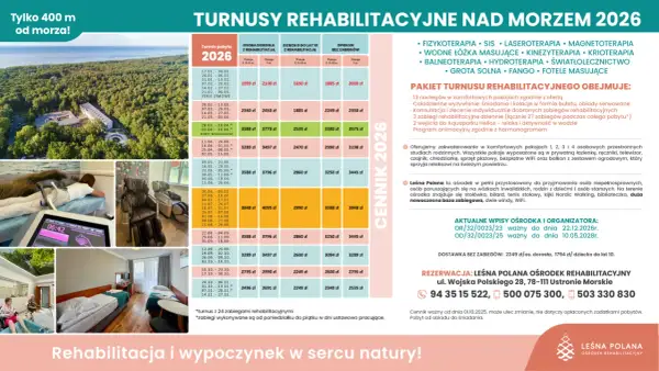 Turnusy rehabilitacyjne nad morzem prywatnie w Leśnej Polanie. Cennik 2026, pakiety, zabiegi, pokoje i rezerwacja.