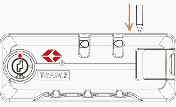 Schemat blokady TSA na walizce Samsonite. Strzałka wskazuje miejsce, gdzie należy włożyć klucz, aby otworzyć walizkę.
