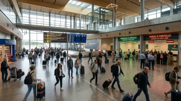 Ludzie z bagażami w hali przylotów lotniska, zastanawiają się co można zabrać do Norwegii samolotem.