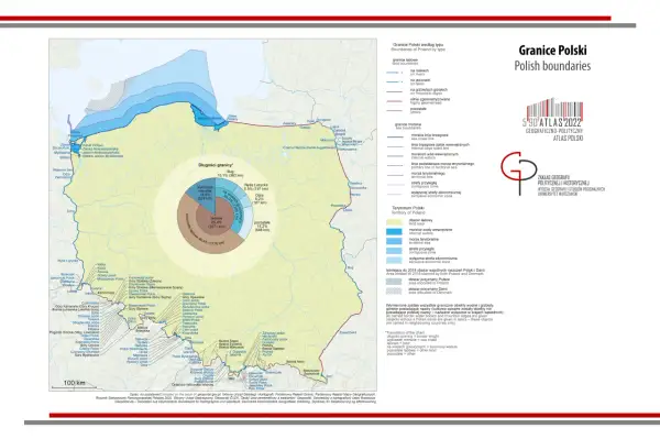 Mapa Polski z zaznaczonymi granicami. Wykres kołowy pokazuje, ile Polska ma linii brzegowej: 14,6% (524 km) to wybrzeże morskie.