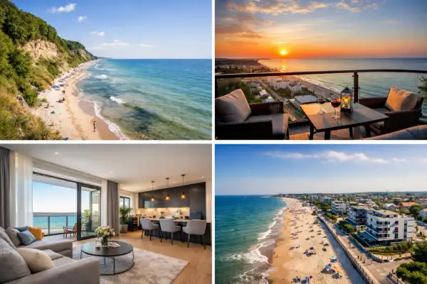 Luksusowy apartament przy plaży z widokiem na morze i zachód słońca. Wnętrze z nowoczesną kuchnią i salonem.